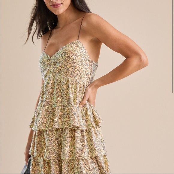 gold sequin spaghetti strap dress Spaghetti Strap Holiday Sequins Plunge Mini Dress – WarmRainyDay.com